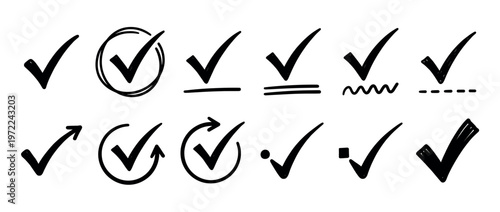 Hand-drawn checkmarks collection in various styles, perfect for indicating approval, completion, or selection in user interfaces and documents.