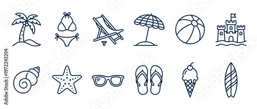 Summer beach icons collection featuring various vacation elements like palm trees, bikinis, sandcastles, and surfboards, perfect for holiday designs.