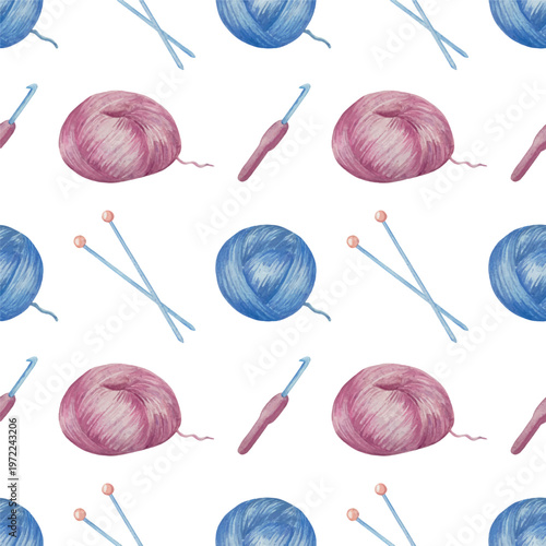 Hand drawn watercolor knitting and sewing elements set. A ball of yarn, crochet, thread, handcraft supplies, sewing, embroidering. Handmade and hobby supplies in blue, beige and pink colors. Vintage