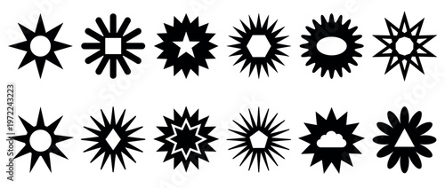 Geometric starburst shapes with various central forms create a diverse collection of abstract vector icons for design elements and graphic projects.