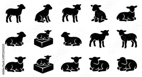 Various black lamb icons and symbols depicting young sheep in different postures, ideal for graphic design elements.