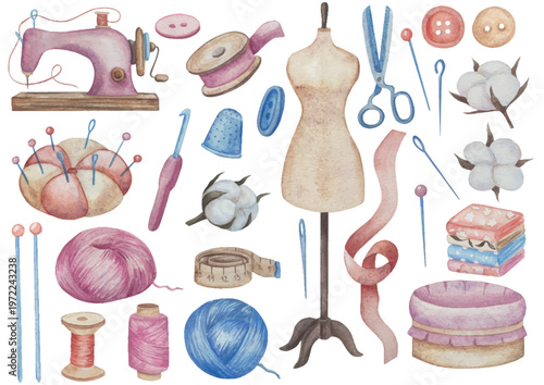Hand drawn watercolor knitting and sewing elements set. A ball of yarn, crochet, thread, handcraft supplies, sewing, embroidering. Handmade and hobby supplies in blue, beige and pink colors. Vintage