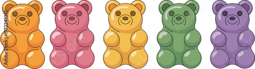 Five colorful gummy bear candies in a row on a white background gummy bears candy