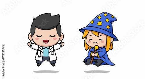 Adorable Cartoon Doctor and Wizard Characters in Cute Poses.