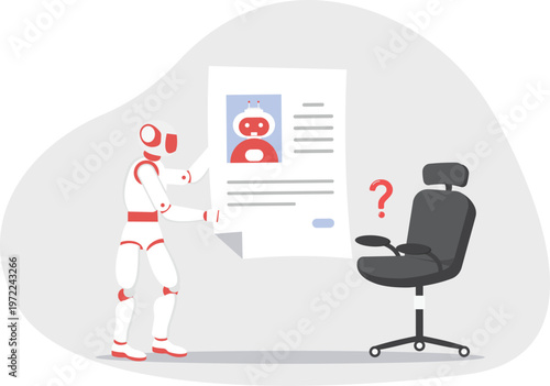 Robot showing a job resume to a professional with a question mark