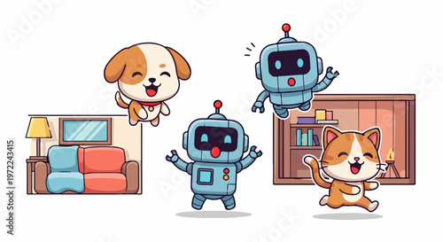 Adorable Cartoon Dog, Robot, and Cat Characters in Playful Poses.
