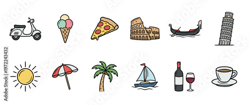 Italian travel and summer vacation icons with scooter, pizza, Colosseum, gondola, and other popular symbols of Italy.