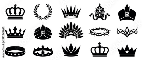 Collection of various crowns, headwear, and symbols of royalty, power, and achievement in black silhouette icons.