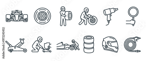 Race car pit stop equipment icons set featuring various tools, crew members, and vehicles for motorsport maintenance and racing.