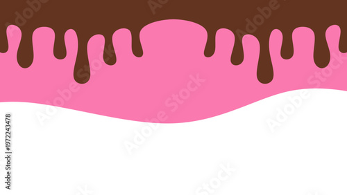 Sweet melting chocolate and pink strawberry icing glaze background. Melted syrup or dripping liquid sauce. Minimalist sweet chocolate and strawberry pink background. Minimalist wavy background.