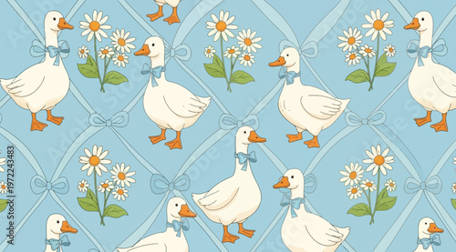 Seamless pattern with cute white geese wearing blue bows and daisy flowers on a light blue background