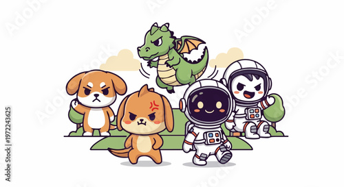 Adorable Cartoon Dragon and Astronauts with Cute Shiba Inu Dogs.