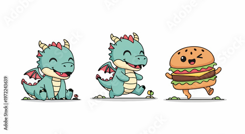 Adorable Cartoon Dragon and Hamburger Characters Smiling Happily Together.