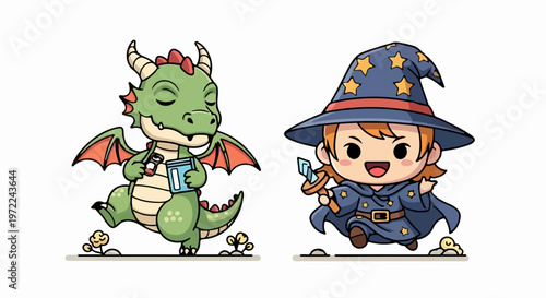 Adorable Cartoon Dragon and Wizard Characters in Playful Poses.