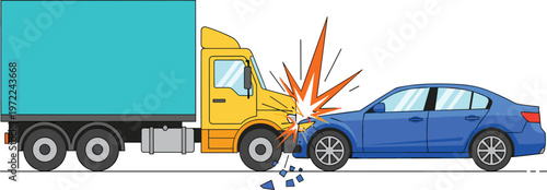 Truck and car collision accident illustration showing road crash impact damage and traffic incident concept for safety awareness design
