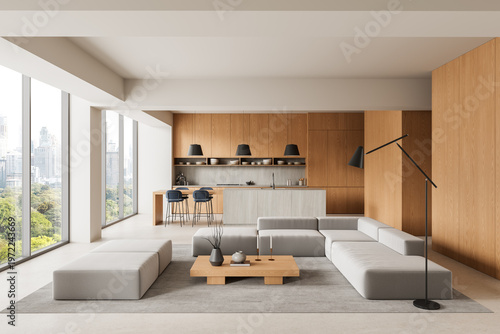 Minimalist interior design with spacious living room, wooden kitchen elements, modern furniture, panoramic windows, and serene architecture style showcased elegantly. 3D Rendering