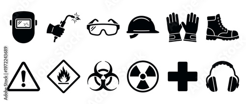 Safety icons and personal protective equipment symbols representing various workplace hazards and protective measures for industrial and construction environments.
