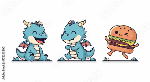 Adorable cartoon dragons and a happy burger character smiling happily together.