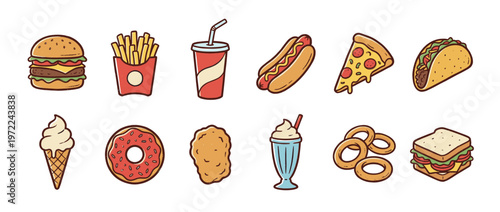 Collection of popular fast food items and delicious snacks including burgers, fries, pizza, and ice cream in a fun cartoon style.