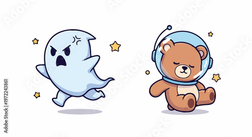 Adorable cartoon ghost and astronaut bear characters with stars floating around.