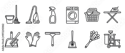 Household cleaning and laundry supplies vector icons set for domestic chores and professional maintenance services.