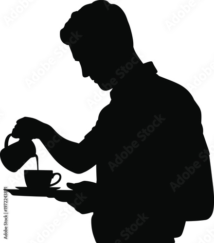 Silhouette of a man pouring coffee into a cup on a saucer vector illustration