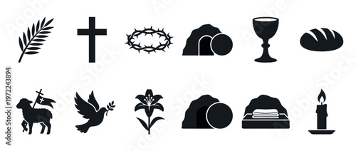 Christian Easter symbols collection featuring cross, crown of thorns, empty tomb, chalice, bread, lamb, dove, lily, and candle.