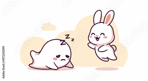 Adorable cartoon ghost and happy bunny characters in a cute illustration.