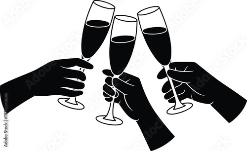 Silhouette of Three Hands Clinking Champagne Glasses in Celebration toast clinking glasses
