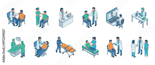 Collection of isometric medical illustrations showing doctors, nurses, and patients engaged in various healthcare activities and treatments.