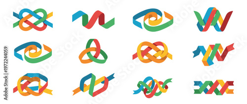 Colorful ribbons and abstract shapes forming intricate knots and intertwined patterns, representing connection, complexity, and continuous flow in a modern design.