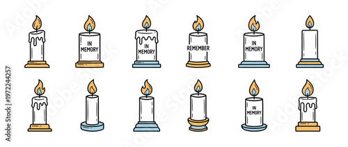 Candles, memorial candles, and remembrance candles in a cartoon style, some with text for commemoration and grief.