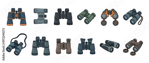 Binoculars collection of various styles and colors, essential optical instruments for outdoor activities and observation.
