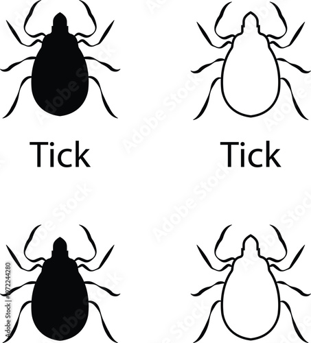 Tick icon set collection group, mite, parasite, arachnid symbols, pest control icons, black silhouette and outline line style vector illustration for hygiene, infestation, medical safety design