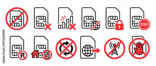 SIM card, mobile network, and connectivity icons illustrating various restrictions, errors, and service limitations for telecommunication devices.