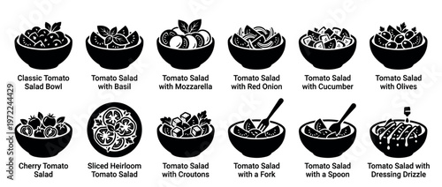 Tomato salads icons collection with various ingredients, showcasing different preparations and serving styles for healthy meals and recipes.