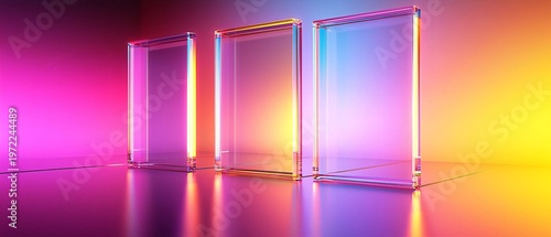 Colorful Abstract Glass Boxes with Neon Light Reflections