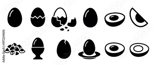 Egg icons set showing various stages of whole, cracked, and broken eggs, including halves and eggs in holders.