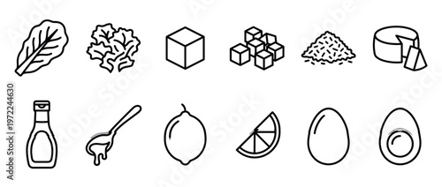 Salad ingredients and cooking items line art icons set for healthy eating and recipe design, including lettuce, cheese, lemon, and egg.