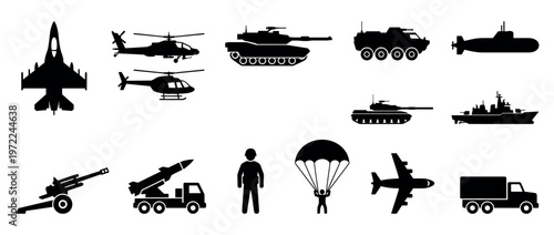 Collection of military vehicles, aircraft, naval vessels, and personnel silhouettes representing various armed forces equipment and soldiers.
