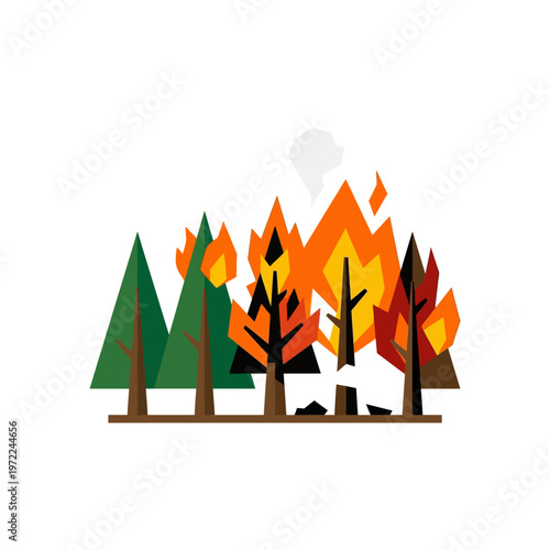 Flat burning forest icon with flames and trees, deforestation concept, minimal solid color design
