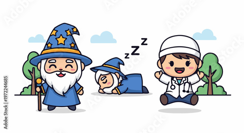 Adorable Cartoon Wizard, Sleeping Wizard, and Cheerful Doctor Characters.