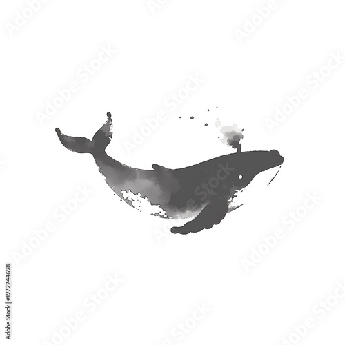 クジラの墨絵　悠然と泳ぐ和風水墨画イラスト