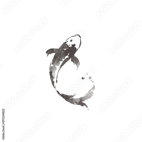 鯉の墨絵　風流な和風水墨画イラスト