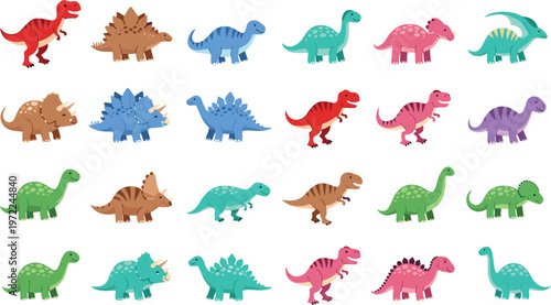 Cute dinosaur cartoon collection vector set with colorful prehistoric animals in different poses, kids illustration isolated on white background