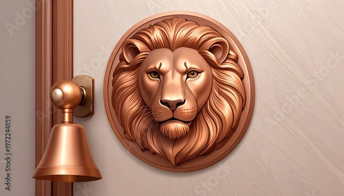 Bronzed lion relief affixed to a door, adjacent to a round bell