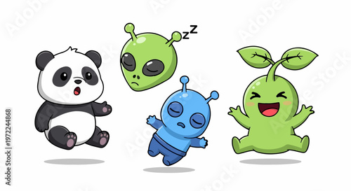 Adorable Panda and Cute Aliens with a Cheerful Plant Illustration.