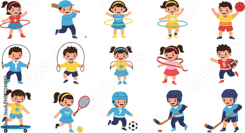 Kids playing sports and activities vector set with children doing tennis, football, basketball, skating and jumping exercises isolated on white background