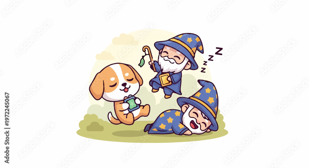 Obraz premium Adorable puppy and two sleeping wizards in a whimsical cartoon scene.