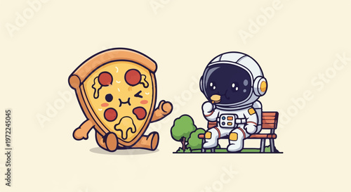 Adorable Pizza Slice and Astronaut Enjoying a Relaxing Moment Together.